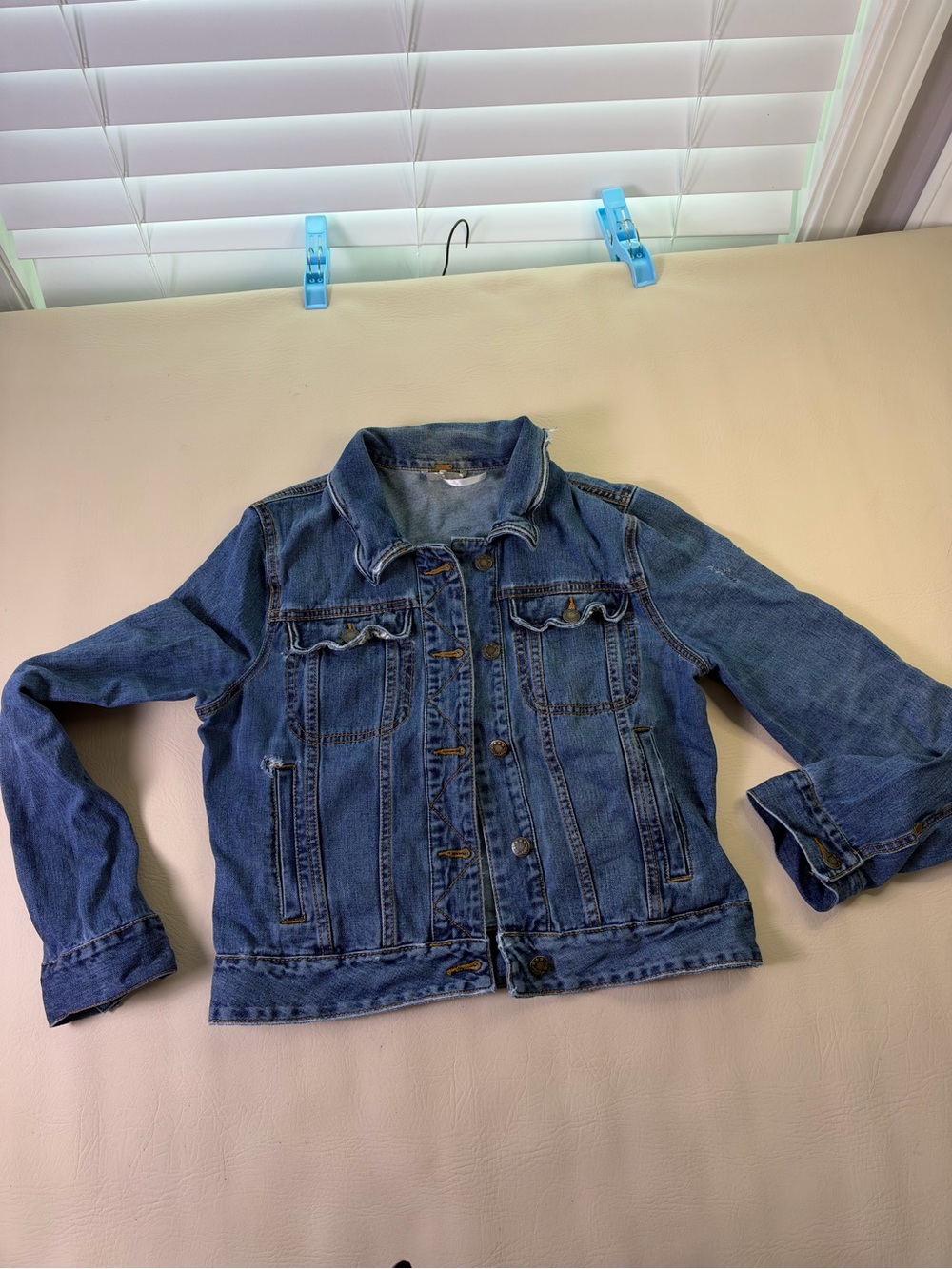 Free People Medium Wash Denim Trucker Jacket Floral Trim Size M